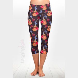 Live Music Capris - Guitars and Flowers Wide Band Printed Women's Leggings Plus